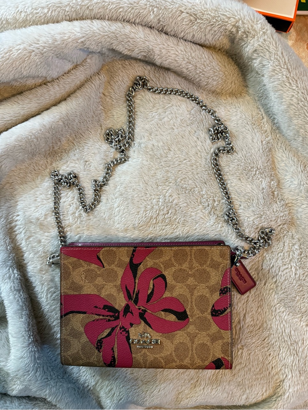 Coach Brown Signature Crossbody with Pink Floral Bow Accents